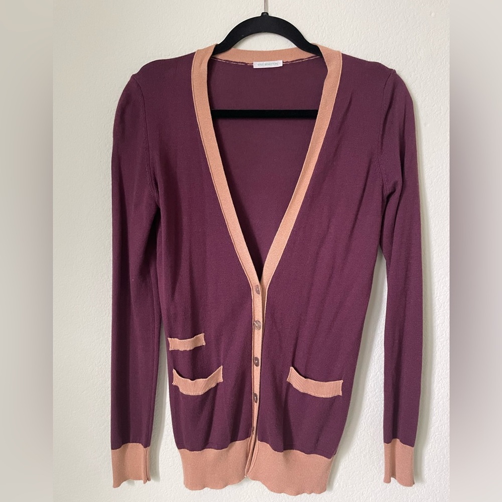 Women's Purple and Tan Cardigan Sweater, XS, Benetton